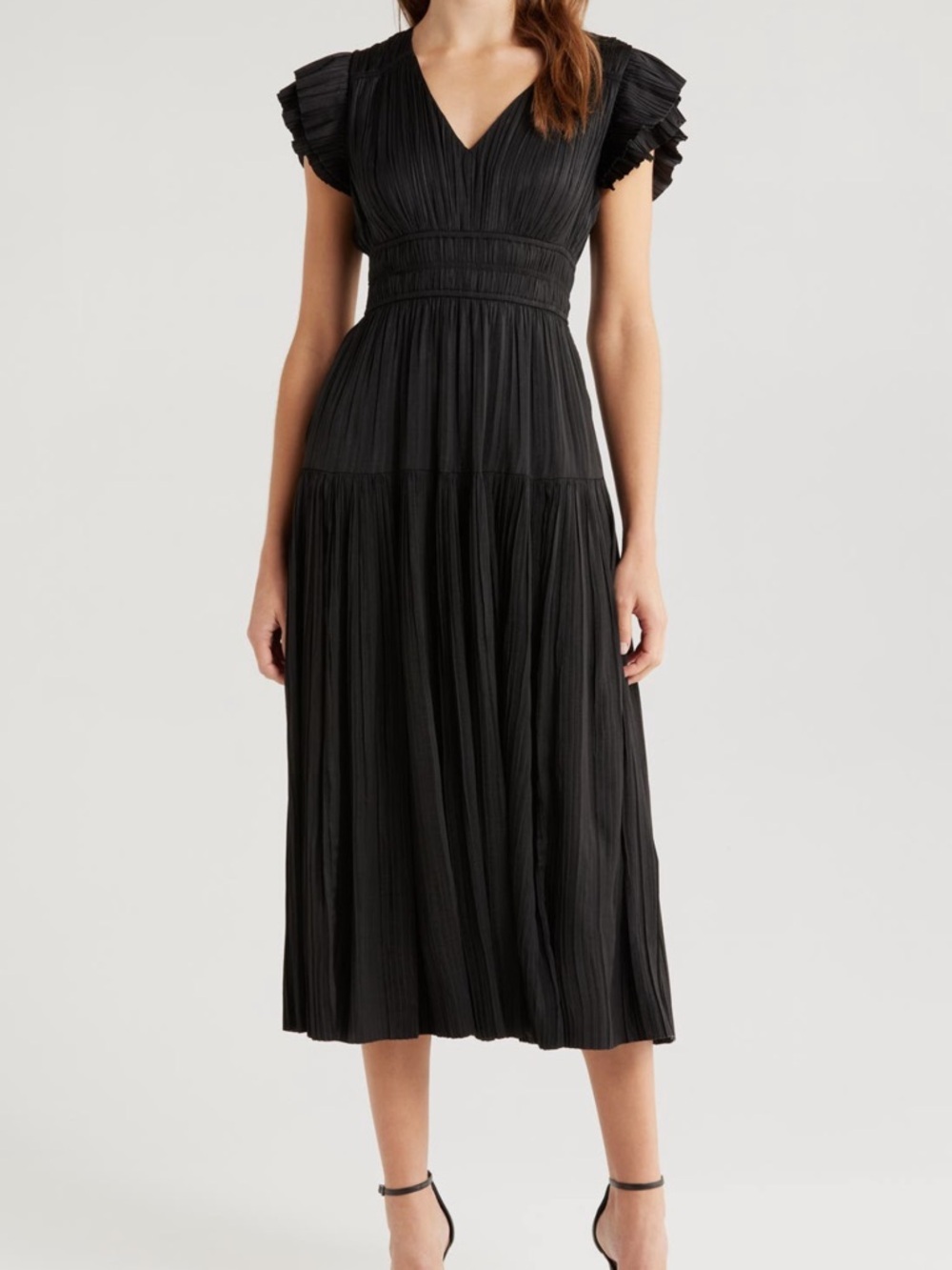Moon River Plisse Black V-Neck Pleated Midi Dress Women’s Large - Picture 1 of 9